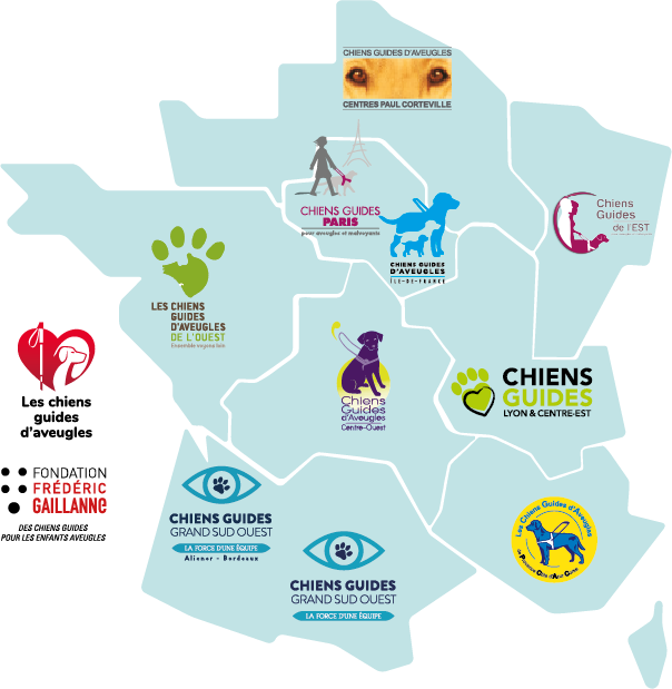 Carte de France, bleu, sur laquelle sont positionnés les logos des associations de chiens guides membres de la Fédération Française des Associations de Chiens guides d'aveugles. Il y a 12 logos en tout.